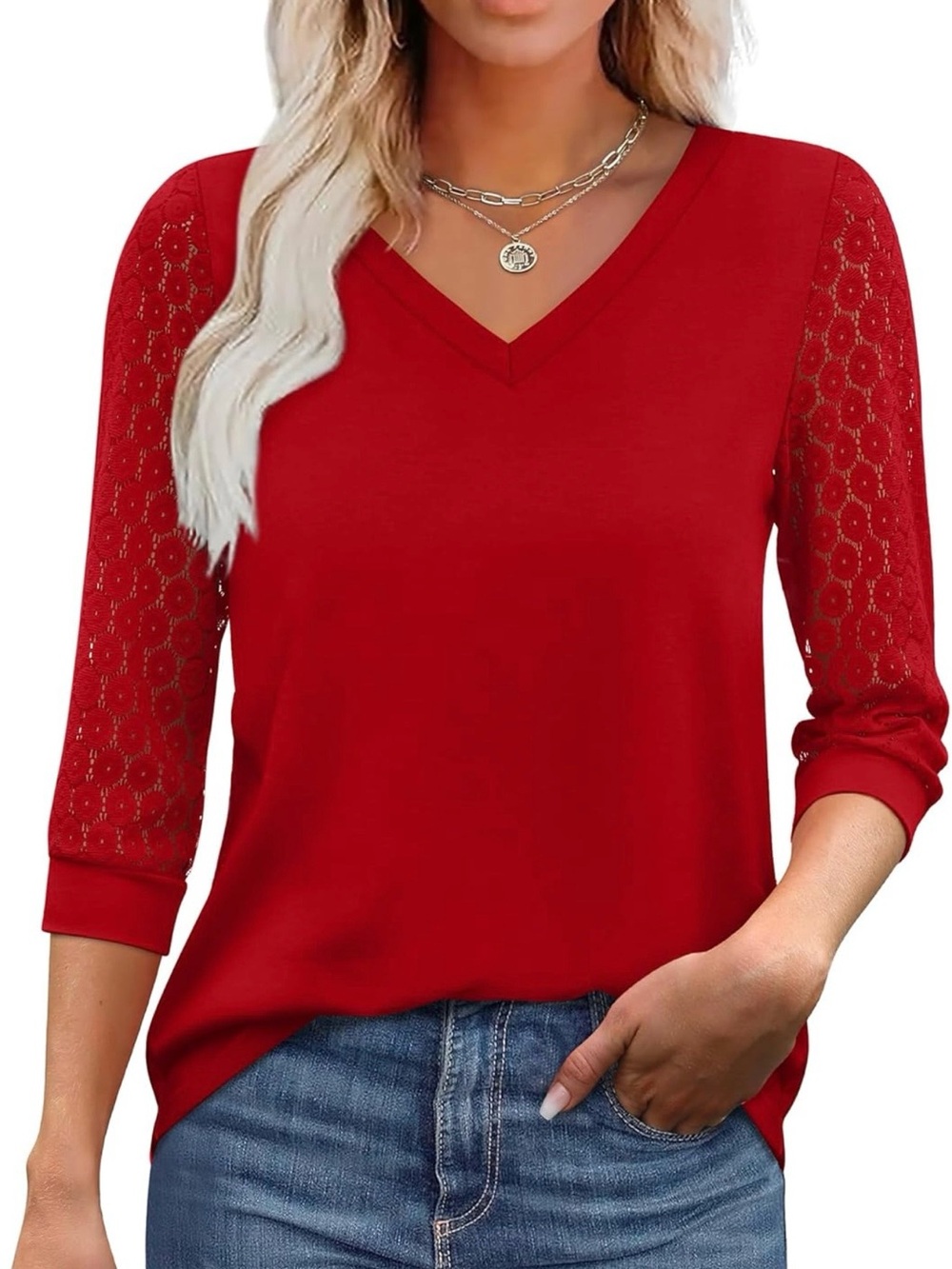 Women’s Lace Sleeve V-Neck Top - Red Size Large